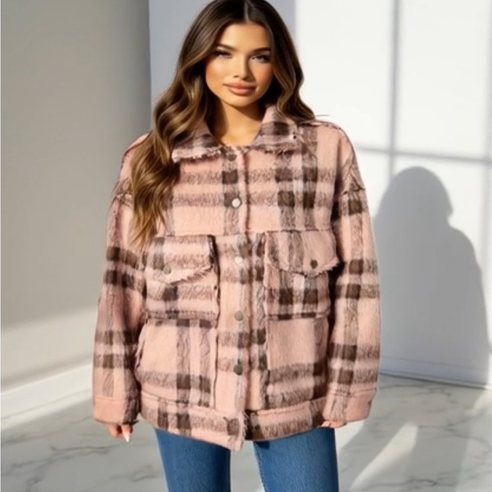 POL Plaid Button-Up Women's Jacket Light Orange & Black Small to medium fit New